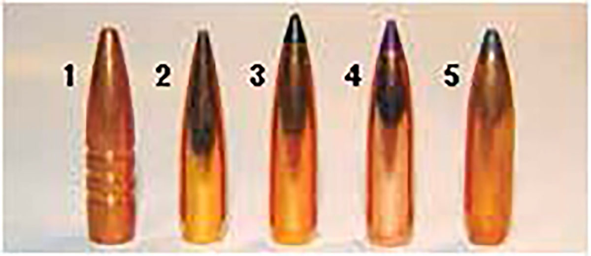 Bullets used to assemble 243 Winchester handloads for the Browning X-Bolt 2 Hunter included from left to right: (1) Barnes’ 85-grain TSX BT, (2) Berger’s 87-grain VLD Hunting, (3) Swift Bullets’ 90-grain Scirocco II, (4) Nosler’s 95-grain Ballistic Tip Hunting and (5) Sierra’s 100-grain BTSP.